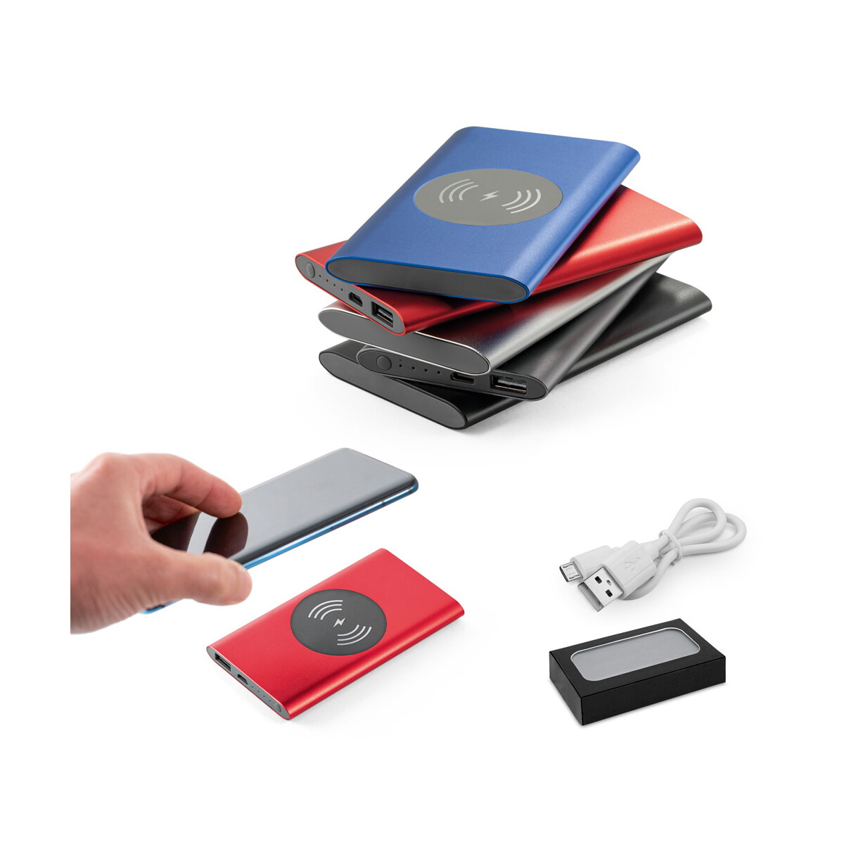 CASSINI. Power bank 4.000 mAh z bezprzewodową ładowarką 5W z aluminium pochodzącego z recyklingu (100% rAL) 97078_set